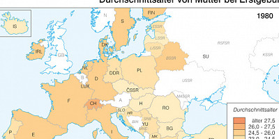 Karte: Europa: Durchschnittsalter von Müttern bei Erstgeburt