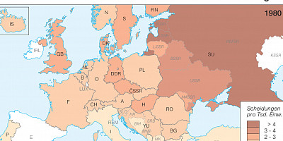Karte: Europa: Scheidungsrate 1980 – 1990 – 2007