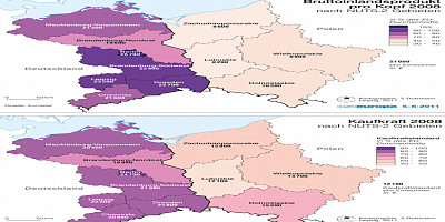 Karte: Deutsch-polnisches Grenzgebiet: BIP pro Kopf und Kaufkraft 2008