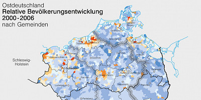 Karte: Ostdeutschland: Relative Bevölkerungsentwicklung 2000–2006