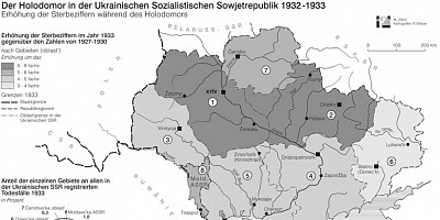 Karte: Der Holodomor in der Ukrainischen Sozialistischen Sowjetrepublik 1932–1933