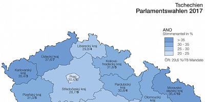 Karte: Tschechien: Parlamentswahlen 2017 – Stimmenanteil von ANO und ODS