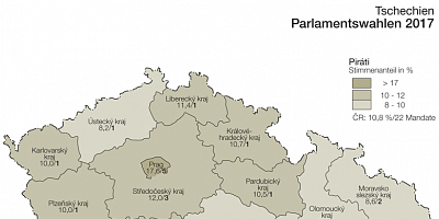 Karte: Tschechien: Parlamentswahlen 2017 – Stimmenanteil von Piráti und SPD