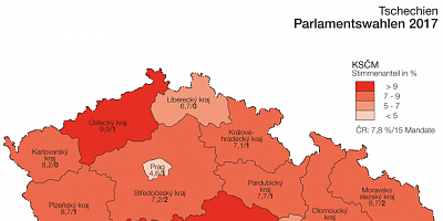 Karte: Tschechien: Parlamentswahlen 2017 – Stimmenanteil von KSČM und ČSSD
