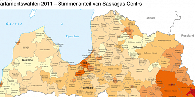 Karte: Lettland: Parlamentswahlen 2011 – Stimmenanteil von Saskanas Centrs