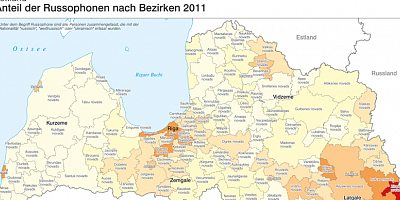 Karte: Lettland: Anteil der Russophonen nach Bezirken 2011
