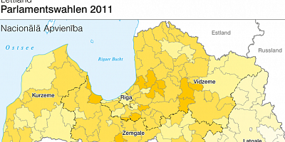 Karte: Lettland: Parlamentswahlen 2011 – Stimmenanteil von Nacionãlã Apvienîba und Zaļo un Zemnieku savienîba