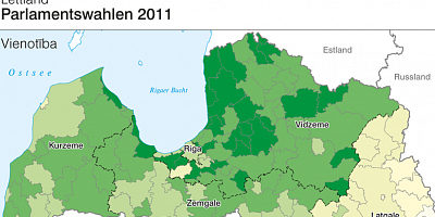 Karte: Lettland: Parlamentswahlen 2011 – Stimmenanteil von Vienotîba und Zatlera Reformu partija