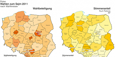 Karte: Polen: Wahlen zum Sejm 2011 – Wahlbeteiligung und Stimmenanteil RP
