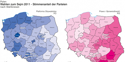 Karte: Polen: Wahlen zum Sejm 2011 – Stimmenanteil von PO und PiS