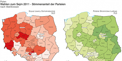 Karte: Polen: Wahlen zum Sejm 2011 – Stimmenanteil von SLD und PLS