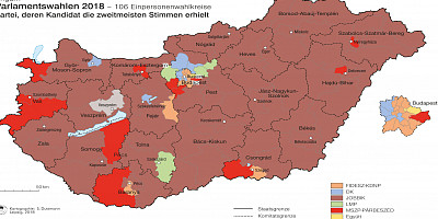 Karte: Ungarn: Parlamentswahlen 2018 – Zweitplazierte in Einpersonenwahlkreisen