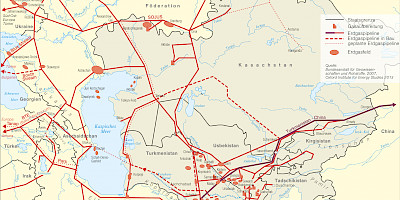 Karte: Zentralasien: Erdgas – Gasfelder und Pipelines
