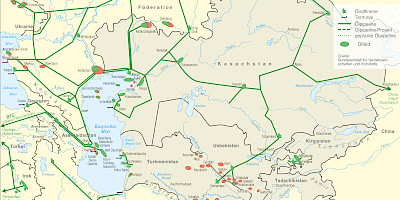 Karte: Zentralasien: Erdöl – Ölfelder und Pipelines