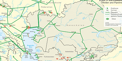 Karte: Zentralasien: Erdöl – Ölfelder und Pipelines