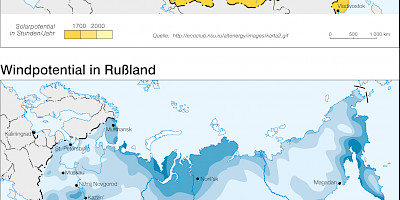 Karte: Russland: Solarpotential und Windpotential