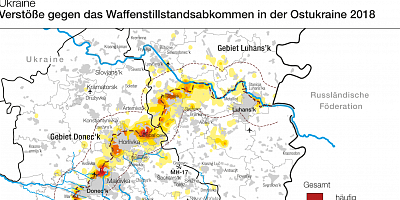 Karte: Ostukraine: Verstöße gegen das Waffenstillstandsabkommen 2018