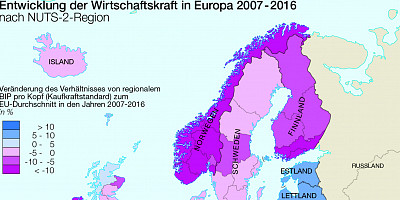 Karte: Europa: Entwicklung der Wirtschaftskraft 2007-2016 nach NUTS-2-Region