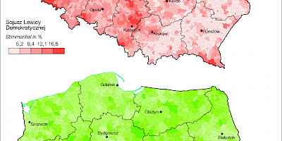 Karte: Polen: Wahlen zum Sejm 2019 – Stimmenanteil der Parteien nach Gemeinden: SLD und PSL