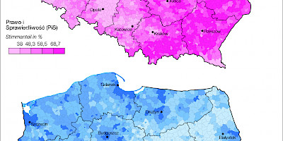 Karte: Polen: Wahlen zum Sejm 2019 – Stimmenanteil der Parteien nach Gemeinden: PiS und KO