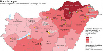 Karte: Roma in Ungarn. Bevölkerungsanteil und rassistische Anschläge