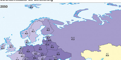 Karte: Europa: Durchschnittsalter der Bevölkerung 2050