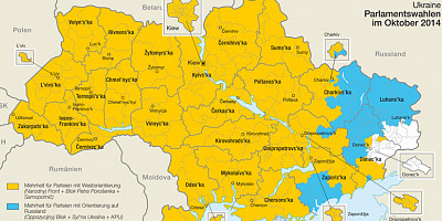 Karte: Ukraine: Parlamentswahlen Oktober 2014 – Ost/West-Orientierung der gewählten Parteien