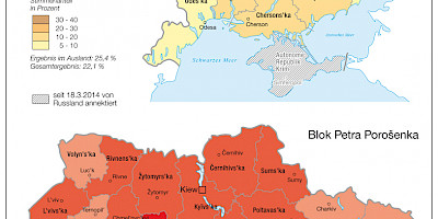 Karte: Ukraine: Parlamentswahlen Oktober 2014 – Stimmenanteil von Narodnyj Front und Blok Petra Porošenka