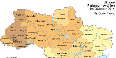 Karte: Ukraine: Parlamentswahlen Oktober 2014 – Stimmenanteil von Narodnyj Front und Blok Petra Porošenka