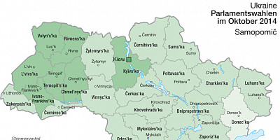 Karte: Ukraine: Parlamentswahlen Oktober 2014 – Stimmenanteil von Samopomič und Opozycijnyj blok