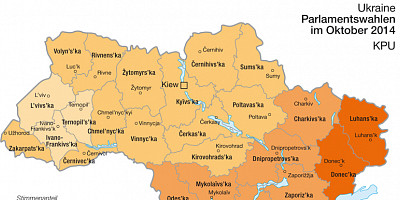 Karte: Ukraine: Parlamentswahlen Oktober 2014 – Stimmenanteil von KPU und Syl'na Ukraina
