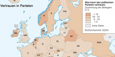 Karte: Europa: Vertrauen in Parteien und Herrschaftsvorstellungen