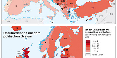 Karte: Europa: Bevorzugte Wirtschaftsordnung und Unzufriedenheit mit dem politischen System