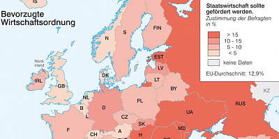 Karte: Europa: Bevorzugte Wirtschaftsordnung und Unzufriedenheit mit dem politischen System