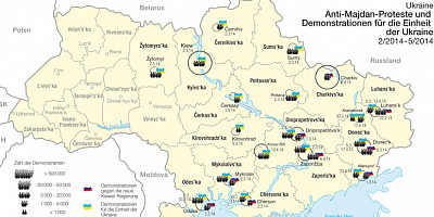 Karte: Ukraine: Anti-Maidan-Proteste und Demonstrationen für die Einheit der Ukraine 2-5/2014