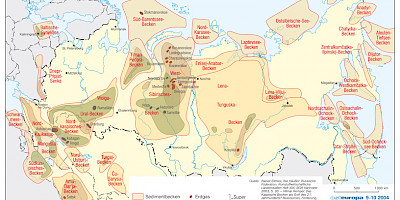 Karte: Eurasien: Sedimentbecken mit Kohlenwasserstoffvorkommen