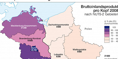 Karte: Deutsch-polnisches Grenzgebiet: BIP und Kaufkraft 2008