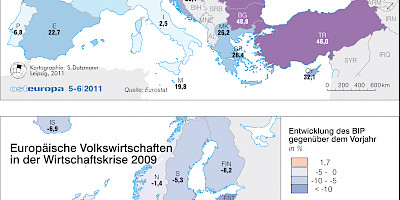 Karte: Europa: BIP-Wachstum und Wirtschaftskrise 2009–2010