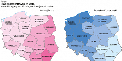 Karte: Polen: Präsidentschaftswahl 2015. Erster Wahlgang – Stimmanteile von A. Duda und B. Komorowski