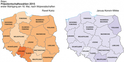 Karte: Polen: Präsidentschaftswahl 2015. Erster Wahlgang – Stimmanteile von P. Kukiz und J. Korwin-Mikke