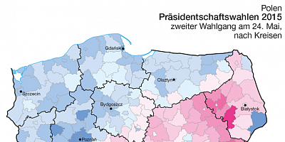 Karte: Polen: Präsidentschaftswahl 2015. Zweiter Wahlgang – Stimmanteile von A. Duda und B. Komorowski