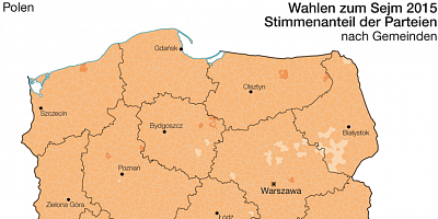 Karte: Polen: Wahlen zum Sejm 2015 – Stimmenanteil von Kukiz und Nowoczesna