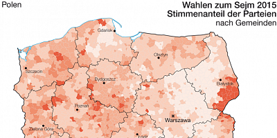 Karte: Polen: Wahlen zum Sejm 2015 – Stimmenanteil der Zjednoczona Lewica und PSL